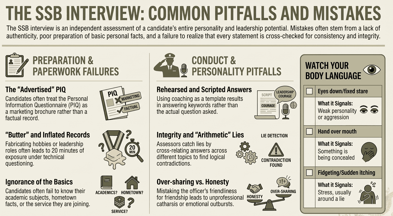 Summary: preparation and paperwork failures — treating the PIQ as a marketing brochure, inflating records, not knowing the basics of your own subject, hometown and service. Conduct and personality pitfalls — rehearsed answers, lies caught by cross-relating answers, over-sharing. Body language — eyes down or a fixed stare, a hand over the mouth, fidgeting.