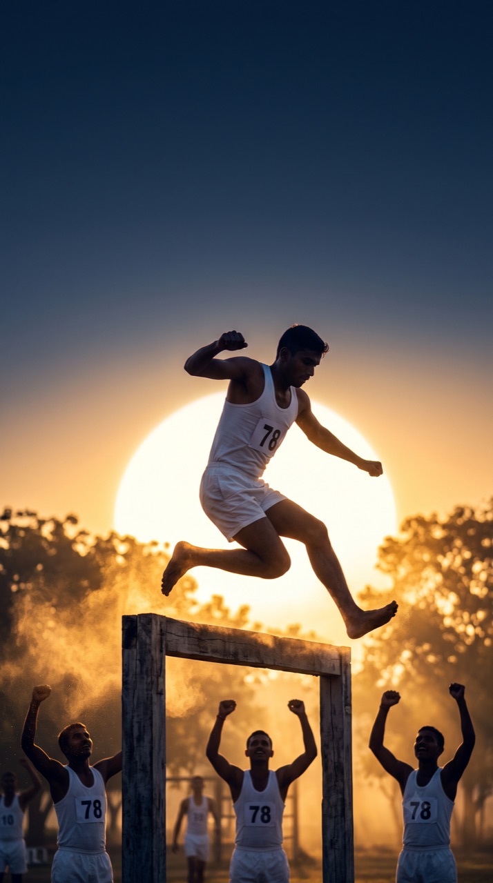 An aspirant leaping a GTO obstacle against the rising sun